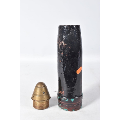 229 - TWO TRENCH ART MISSILES WITH FUSES, the first measures approximately 7cm in diameter and approximate... 