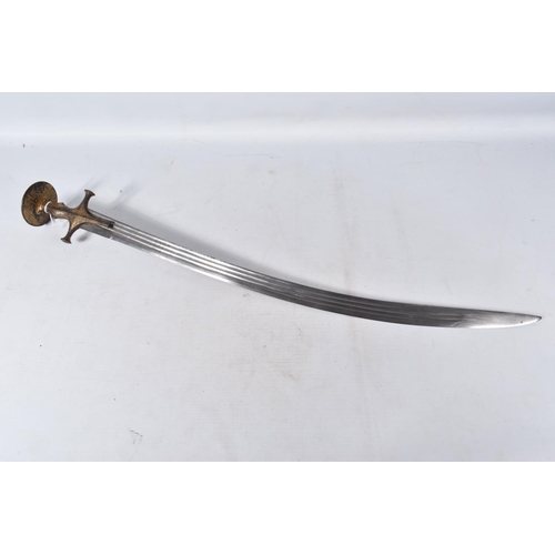 238 - AN ANTIQUE TALWAR SWORD WITH AN ORNATE GILT HILT AND TRIPLE FULLERED BLADE, the blade itself has one... 