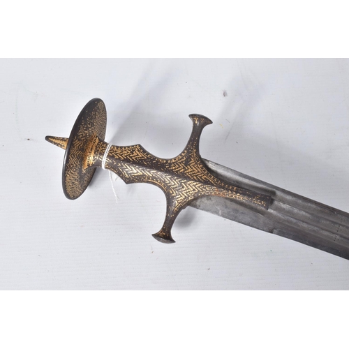 238 - AN ANTIQUE TALWAR SWORD WITH AN ORNATE GILT HILT AND TRIPLE FULLERED BLADE, the blade itself has one... 