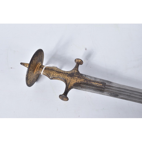 238 - AN ANTIQUE TALWAR SWORD WITH AN ORNATE GILT HILT AND TRIPLE FULLERED BLADE, the blade itself has one... 