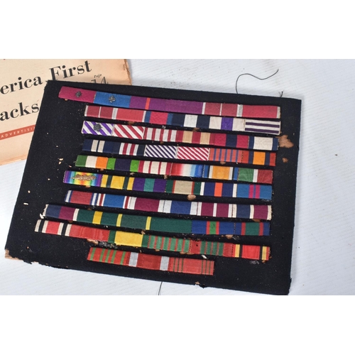 244 - A BOX OF VARIOUS MILITARY RELATED ITEMS, to include a display of medal ribbons on a board, twenty ei... 