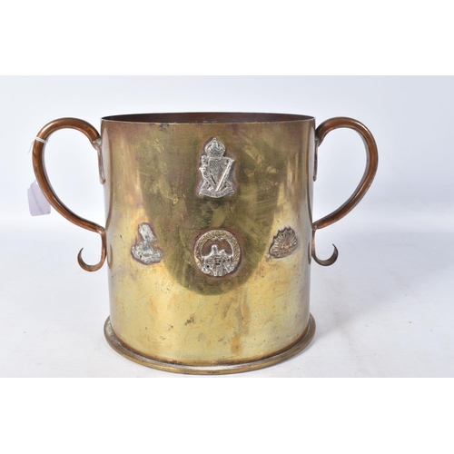 247 - A LARGE WWI DATED TRENCH ART LOVING CUP, it is dated 1916 and has 'DUSSELDORF' written along the bot... 