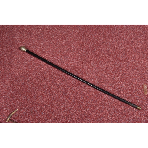 250 - A SELECTION OF WAKLING STICKS AND RIDING CROPS, to include a black walking stick with a dented and w... 