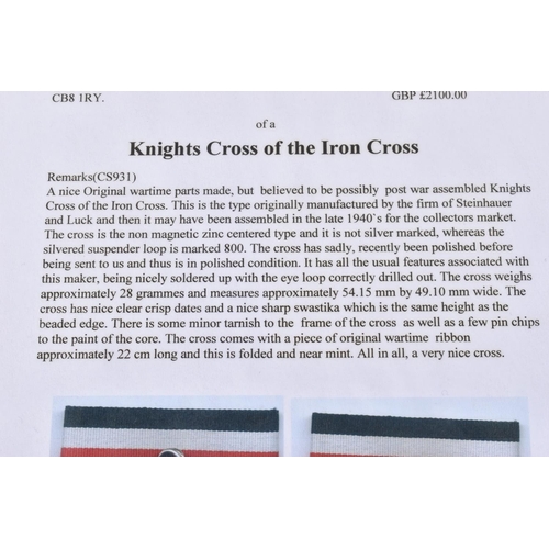 253 - A NICE ORIGINAL KNIGHTS CROSS OF THE IRON CROSS, IT IS believed the parts were made during WW2 but t... 