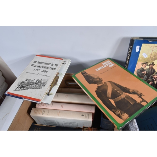 289 - TWO BOXES OF MILITARY RELATED BOOKS, to include a good selection on British uniforms and dress regul... 