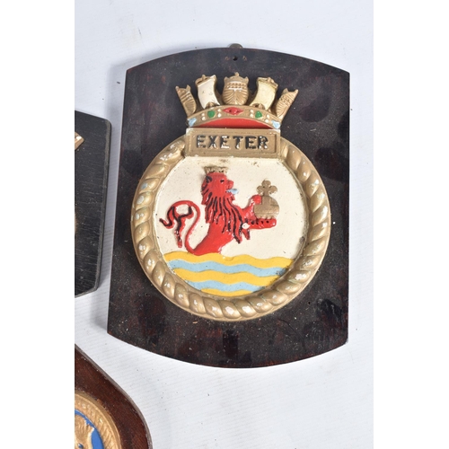 347 - FIVE ROYAL NAVAL PERIOD SHIPS CRESTS ALL MOUNTED ON WOODEN HANGING PLINTHS, wood and plaster constru... 