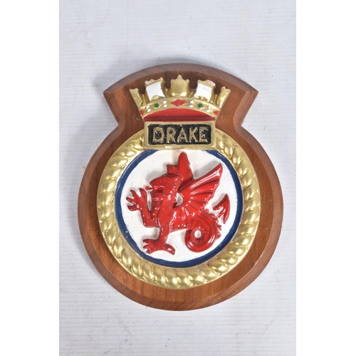 347 - FIVE ROYAL NAVAL PERIOD SHIPS CRESTS ALL MOUNTED ON WOODEN HANGING PLINTHS, wood and plaster constru... 