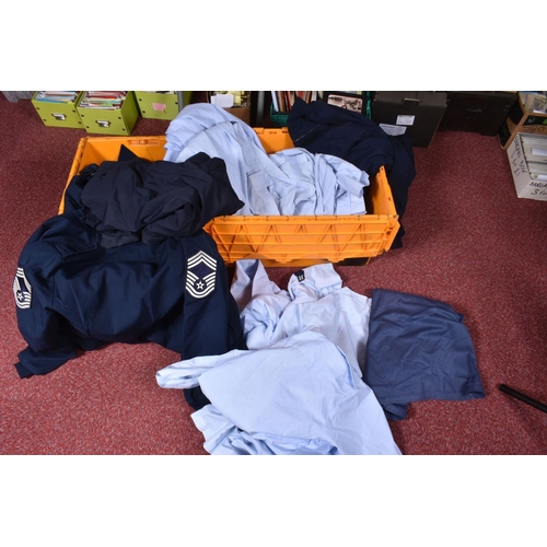 355 - TWO BOXES OF US AIR FORCE CLOTHING, to include shirts, jackets, fire mittens and chaps, there are a ... 