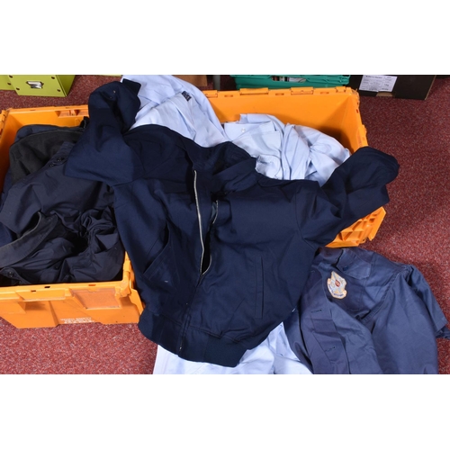 355 - TWO BOXES OF US AIR FORCE CLOTHING, to include shirts, jackets, fire mittens and chaps, there are a ... 