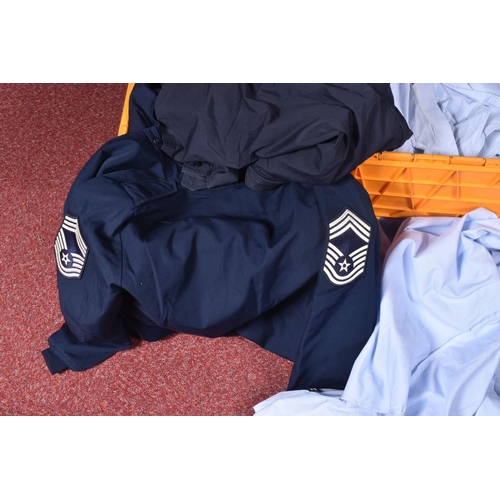 355 - TWO BOXES OF US AIR FORCE CLOTHING, to include shirts, jackets, fire mittens and chaps, there are a ... 