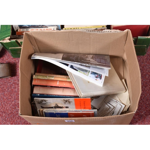 356 - TWO BOXES OF BOOKS AND OTHER MILITARY RELATED ITEMS, to include a border regiment mug, a butter or c... 