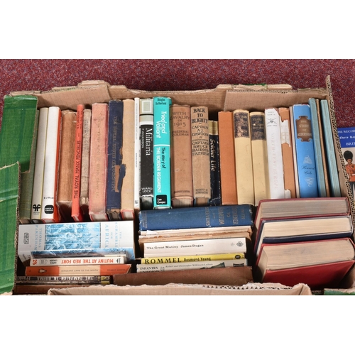 356 - TWO BOXES OF BOOKS AND OTHER MILITARY RELATED ITEMS, to include a border regiment mug, a butter or c... 