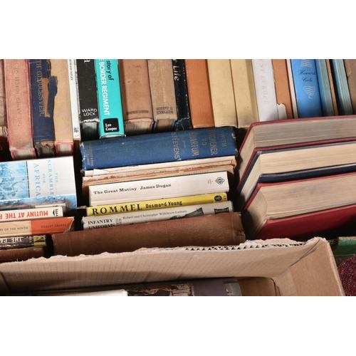 356 - TWO BOXES OF BOOKS AND OTHER MILITARY RELATED ITEMS, to include a border regiment mug, a butter or c... 