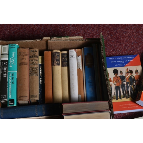 356 - TWO BOXES OF BOOKS AND OTHER MILITARY RELATED ITEMS, to include a border regiment mug, a butter or c... 