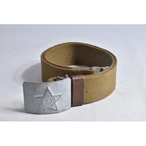 361 - A BOX OF CANVAS AND LEATHER MILITARY STYLE BELTS, to include thirteen Russian belts with buckles, fo... 