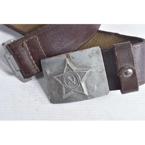 361 - A BOX OF CANVAS AND LEATHER MILITARY STYLE BELTS, to include thirteen Russian belts with buckles, fo... 