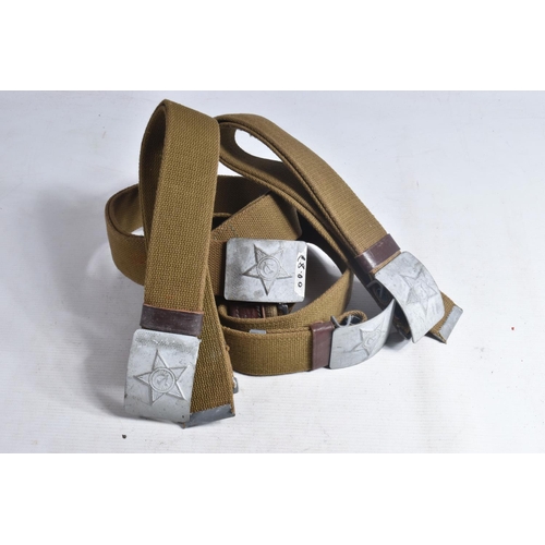 361 - A BOX OF CANVAS AND LEATHER MILITARY STYLE BELTS, to include thirteen Russian belts with buckles, fo... 