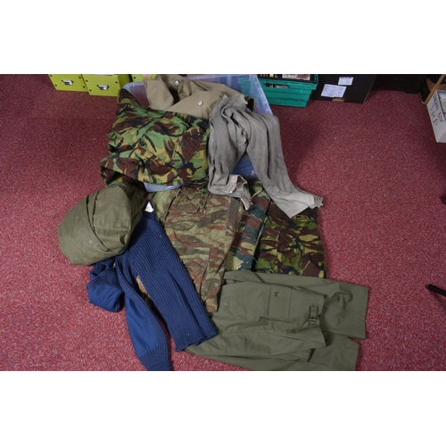 362 - A BOX OF MIXED ARMY CLOTHING, to include, trousers, shirts, jumper etc, the majority are olive green... 