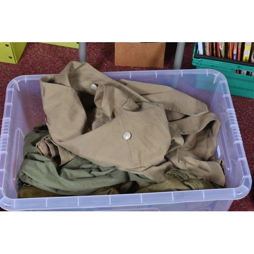 362 - A BOX OF MIXED ARMY CLOTHING, to include, trousers, shirts, jumper etc, the majority are olive green... 