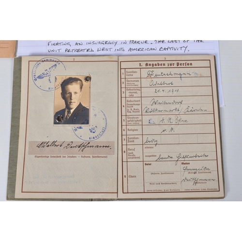 315 - SS WEHRPASS (SERVICE) BOOK AND SS RECORD CARD for Adalbert Deutschmann, DOB 21/04/1918. place Landwi... 