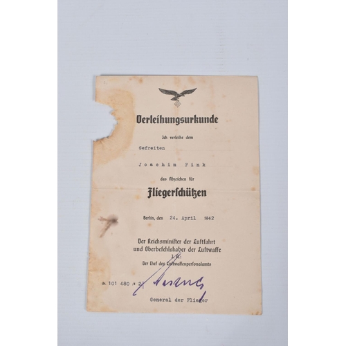 337 - JOACHIM FINK , includes six documents for a Air Gunners Badge, Combat Clasp of Bombers Bronze and Si... 