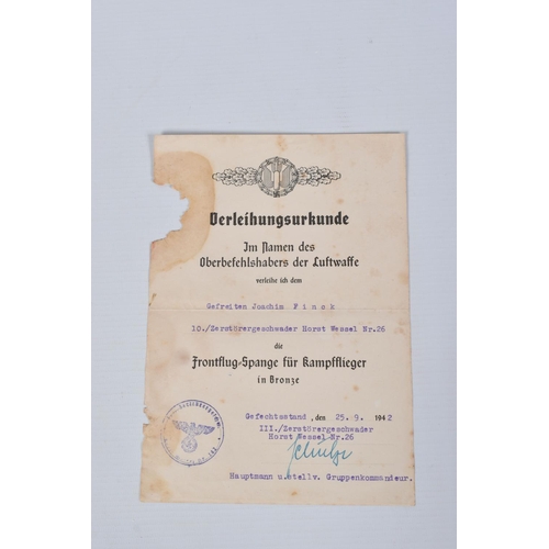 337 - JOACHIM FINK , includes six documents for a Air Gunners Badge, Combat Clasp of Bombers Bronze and Si... 