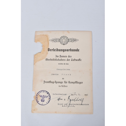 337 - JOACHIM FINK , includes six documents for a Air Gunners Badge, Combat Clasp of Bombers Bronze and Si... 