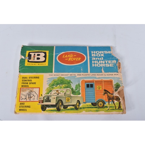 36 - A BOXED BRITAINS LAND ROVER, HORSE BOX AND HUNTER HORSE, No.9575, playworn condition with some paint... 