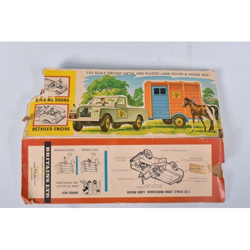 36 - A BOXED BRITAINS LAND ROVER, HORSE BOX AND HUNTER HORSE, No.9575, playworn condition with some paint... 