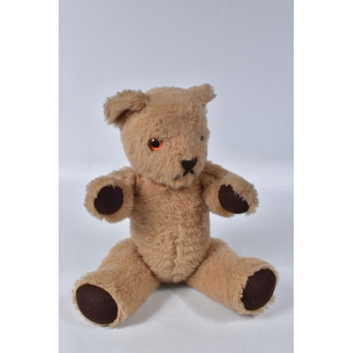 38 - A BROWN WOOL TEDDY BEAR, c. 1950's possibly British or Australian, amber and black glass eyes, shave... 