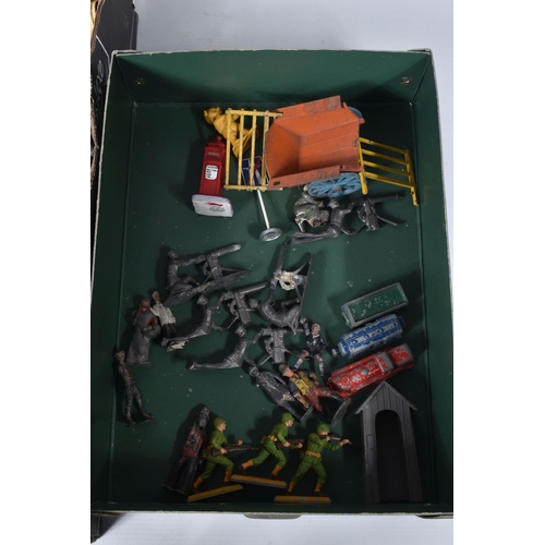 42 - A QUANTITY OF UNBOXED AND ASSORTED HOLLOWCAST LEAD AND PLASTIC FIGURES, assorted soldiers, civilian ... 