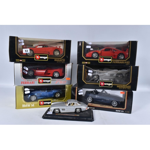 53 - A COLLECTION OF ASSORTED BOXED 1:18 SCALE DIECAST SPORTS CAR MODELS, assorted models of German and I... 