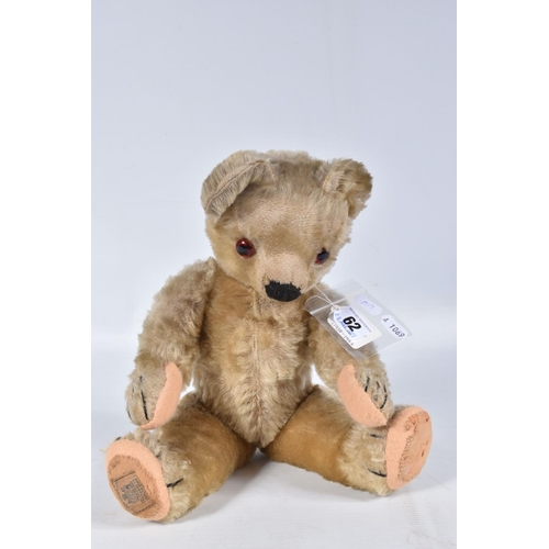 62 - A CHAD VALLEY BLONDE MOHAIR TEDDY BEAR, amber and black glass eyes, shaved muzzle, vertical stitched... 