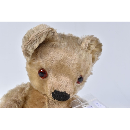 62 - A CHAD VALLEY BLONDE MOHAIR TEDDY BEAR, amber and black glass eyes, shaved muzzle, vertical stitched... 