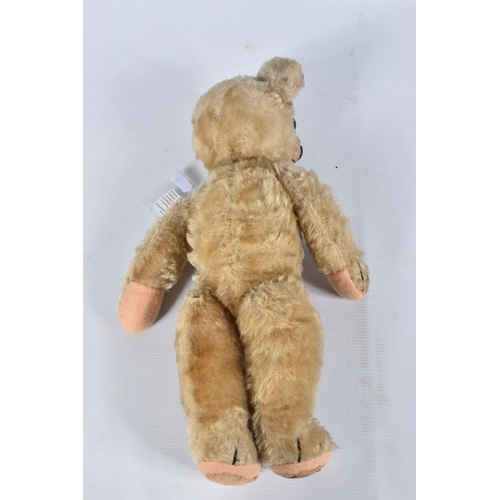 62 - A CHAD VALLEY BLONDE MOHAIR TEDDY BEAR, amber and black glass eyes, shaved muzzle, vertical stitched... 