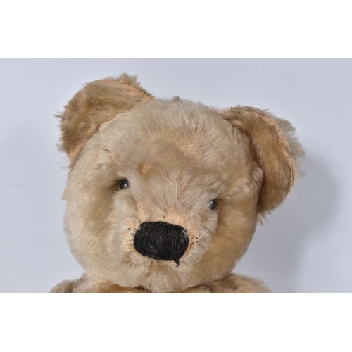 62 - A CHAD VALLEY BLONDE MOHAIR TEDDY BEAR, amber and black glass eyes, shaved muzzle, vertical stitched... 