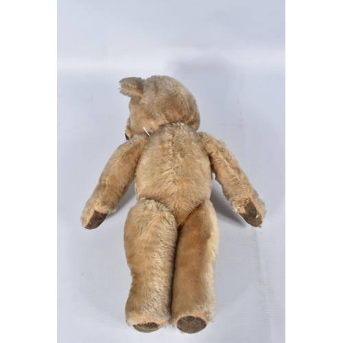 62 - A CHAD VALLEY BLONDE MOHAIR TEDDY BEAR, amber and black glass eyes, shaved muzzle, vertical stitched... 