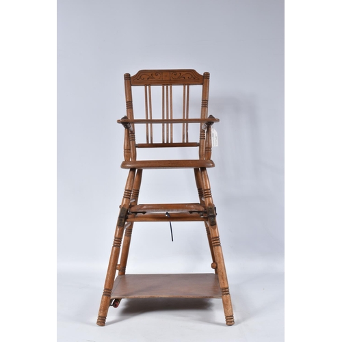 67 - A GERMAN PINE METAMORPHIC DOLLS HIGH CHAIR, c.1910, transfer decoration, tray features a line of col... 