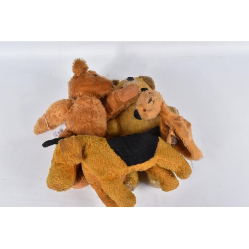 77 - A QUANTITY OF ASSORTED TOYS, Tara? golden plush teddy bear, amber and black plastic eyes, moulded pl... 