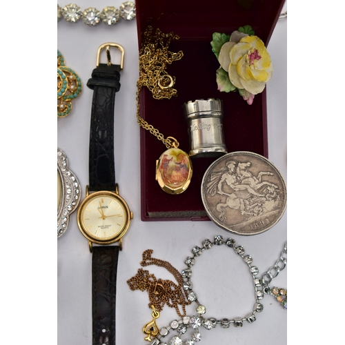 68 - A BOX OF ASSORTED ITEMS, to include a ladys 'TimeCo' wristwatch, gold plated case fitted with an ope... 