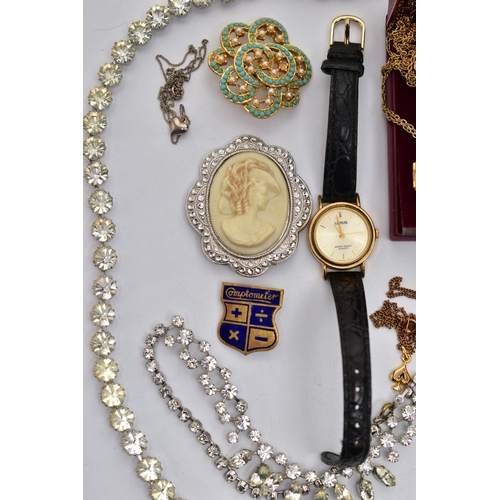 68 - A BOX OF ASSORTED ITEMS, to include a ladys 'TimeCo' wristwatch, gold plated case fitted with an ope... 