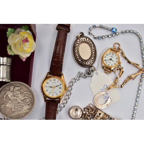 68 - A BOX OF ASSORTED ITEMS, to include a ladys 'TimeCo' wristwatch, gold plated case fitted with an ope... 