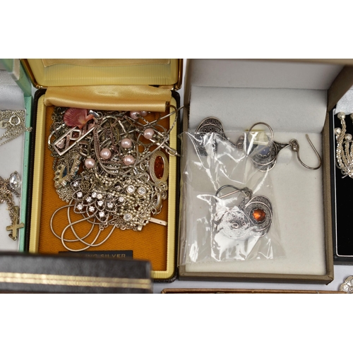 74 - A BOX OF ASSORTED WHITE METAL JEWELLERY, to include pendant necklaces, earrings, bracelets, brooches... 