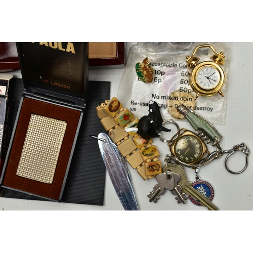 75 - A BOX OF ASSORTED ITEMS, to include a brown jewellery box with contents of costume jewellery such as... 