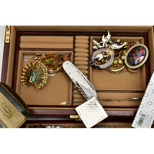 75 - A BOX OF ASSORTED ITEMS, to include a brown jewellery box with contents of costume jewellery such as... 