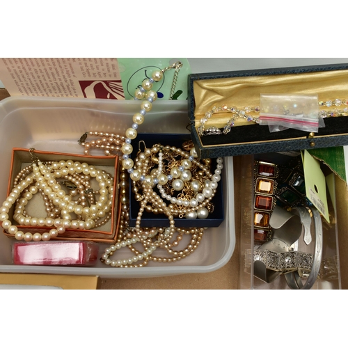 78 - A LARGE BOX OF ASSORTED COSTUME JEWELLERY, to include a ladys 'Rotary' wristwatch, seven additional ... 