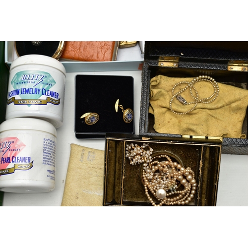 79 - A BOX OF ASSORTED COSTUME JEWELLERY AND OTHER ITEMS, to include a 'Blitz' ultra 2000 jewellery clean... 