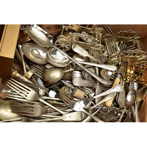 81 - A BOX OF ASSORTED WHITE METAL WARE AND CUTLERY, to include a teapot, sugar scuttle, tankard, milk ju... 