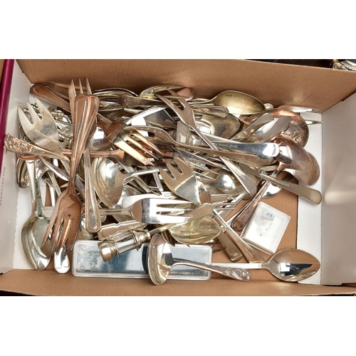 81 - A BOX OF ASSORTED WHITE METAL WARE AND CUTLERY, to include a teapot, sugar scuttle, tankard, milk ju... 