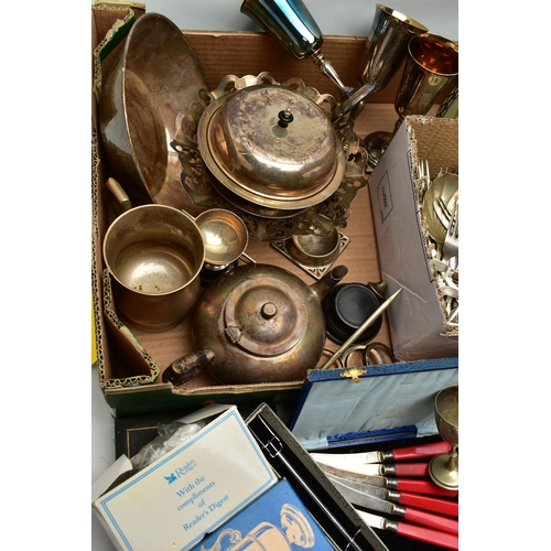 82 - A BOX OF ASSORTED WHITE METAL WARE, to include a cake stand, four white metal glasses, a tea pot, ca... 